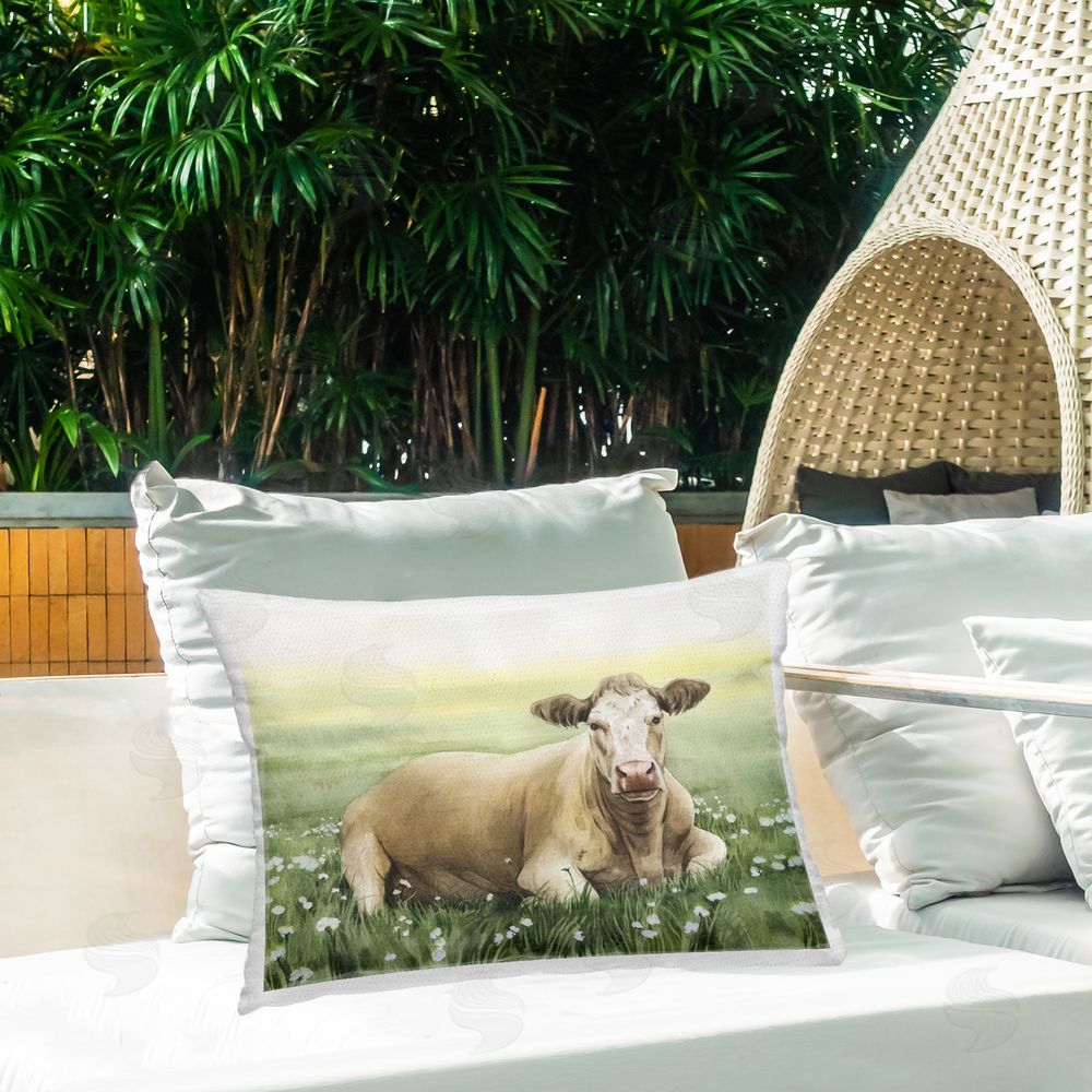 Grace Popp Resting Beige Cow Outdoor Quick-Dry Polyester Printed Throw Pillow in Back Yard