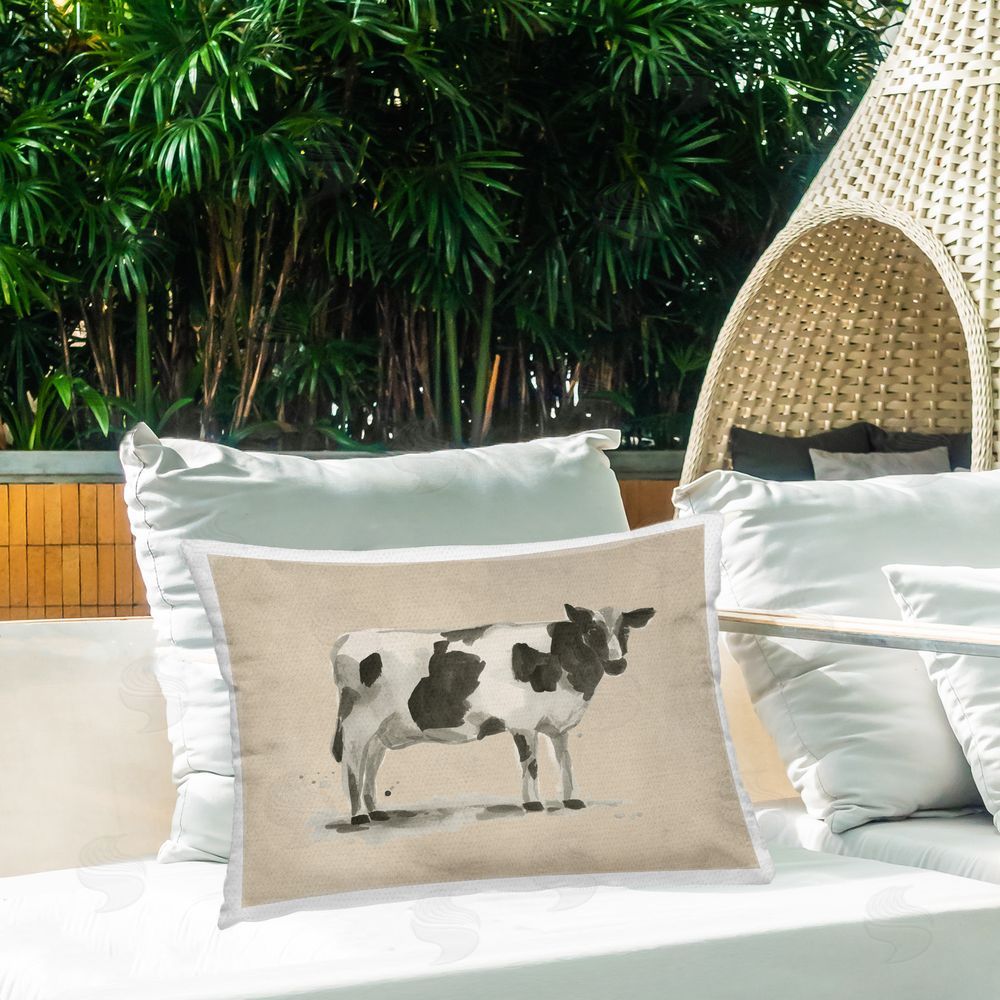 June Erica Vess Traditional Cow on Beige Outdoor Quick-Dry Polyester Printed Throw Pillow in Back Yard