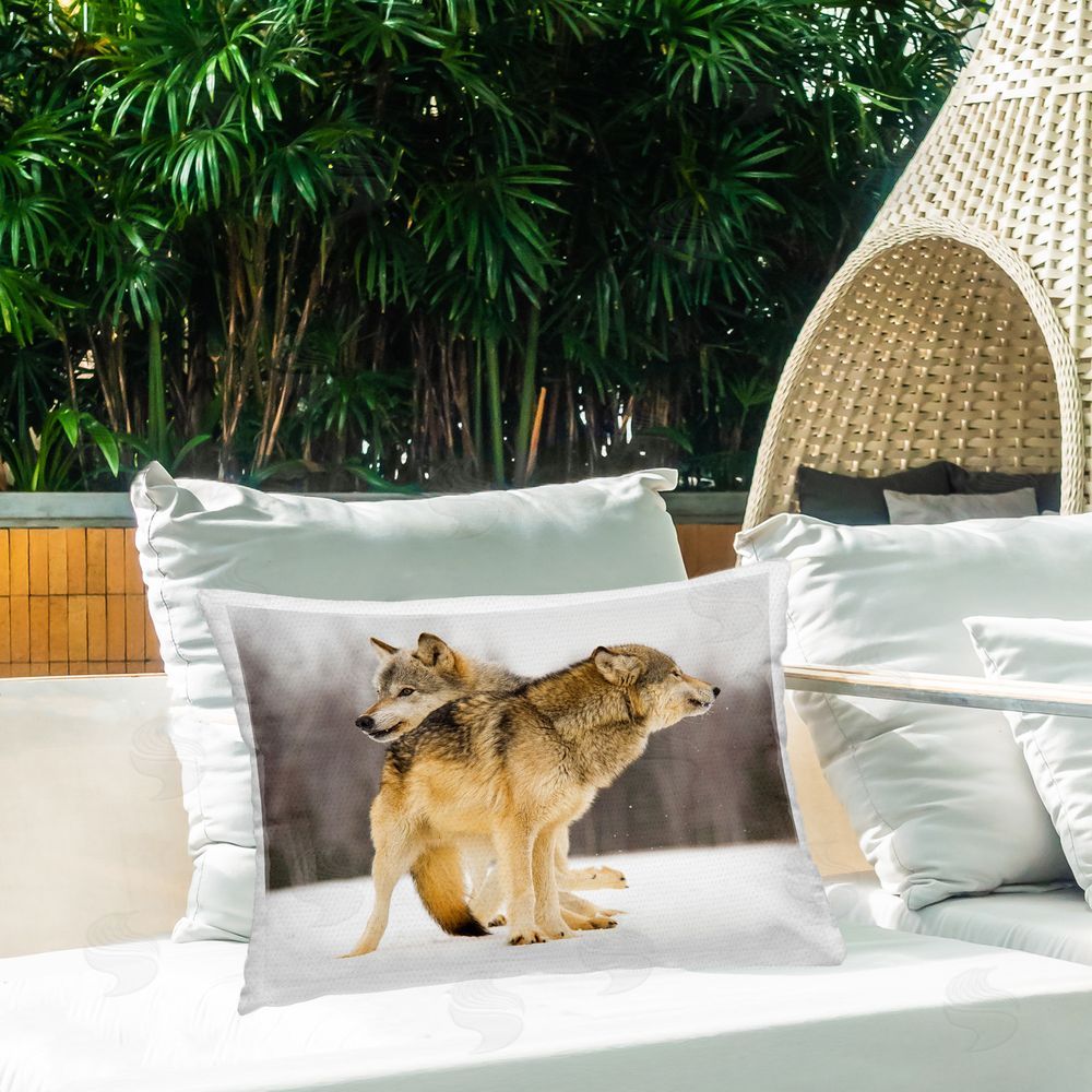 Lisa Dearing Wolf Duo Huddle Outdoor Quick-Dry Polyester Printed Throw Pillow in Back Yard