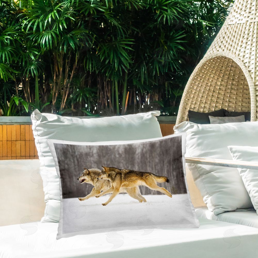 Lisa Dearing Dashing Wolves in Snow Outdoor Quick-Dry Polyester Printed Throw Pillow in Back Yard