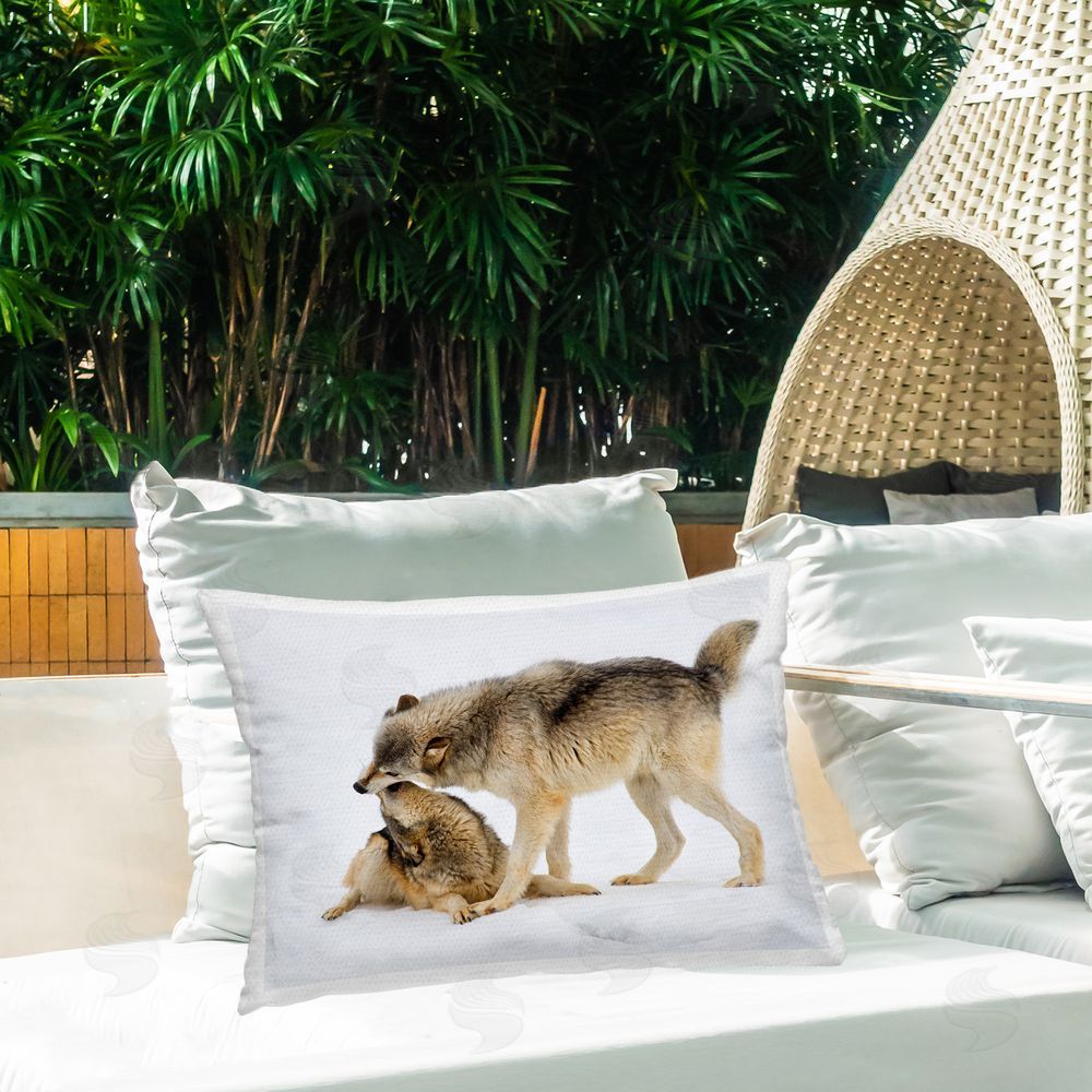Lisa Dearing Wolves Playing in Snow Outdoor Quick-Dry Polyester Printed Throw Pillow in Back Yard
