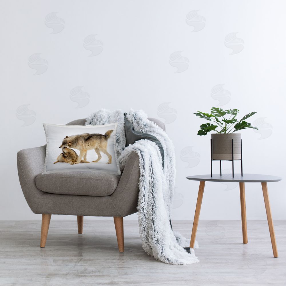 Lisa Dearing Wolves Playing in Snow Printed Plush Polyester Throw Pillow On Chair