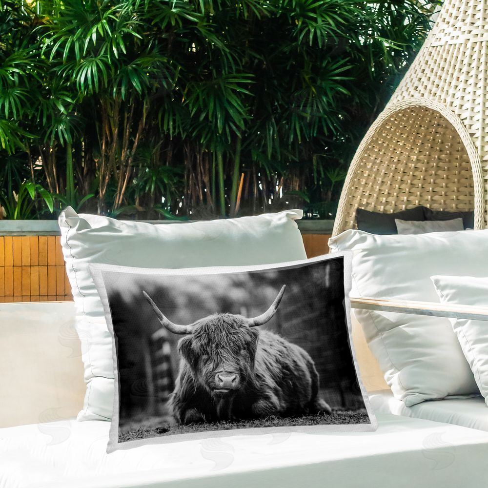 Dakota Diener Cattle Laying in Grass Outdoor Quick-Dry Polyester Printed Throw Pillow in Back Yard
