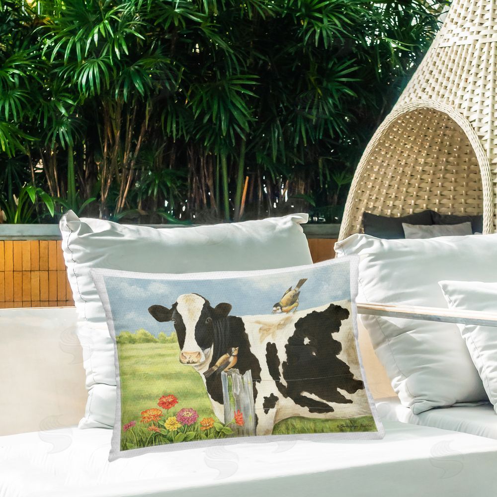 Gwendolyn Babbit Cow & Bird on Farm Outdoor Quick-Dry Polyester Printed Throw Pillow in Back Yard