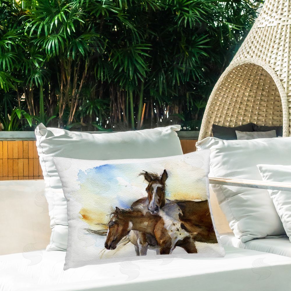 John Keeling Brown Horses Watercolor Outdoor Quick-Dry Polyester Printed Throw Pillow in Back Yard