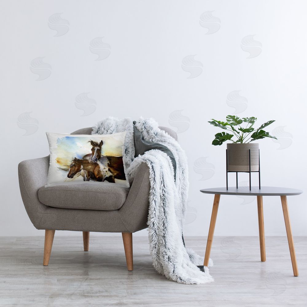 John Keeling Brown Horses Watercolor Printed Plush Polyester Throw Pillow On Chair