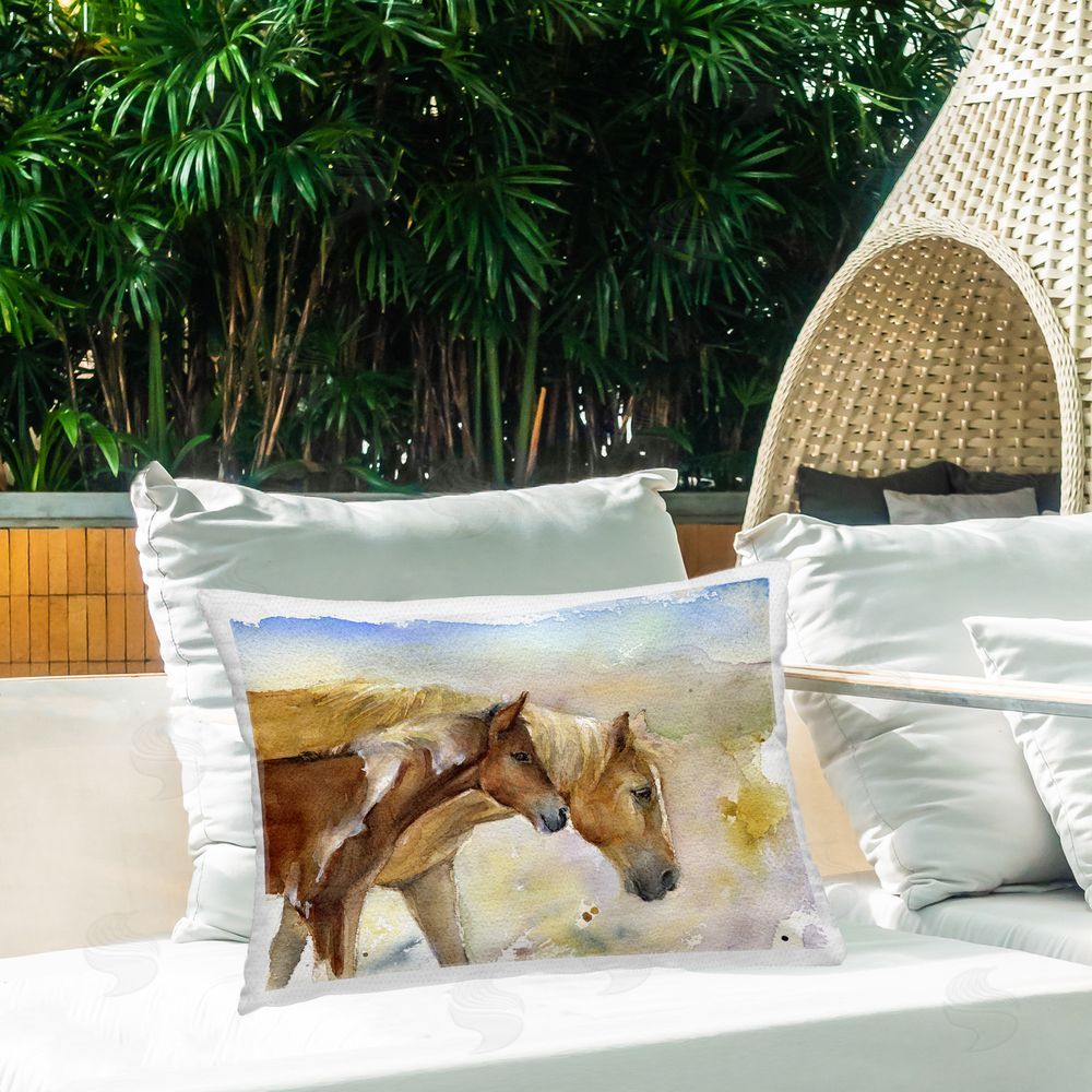 John Keeling Wild Horses Watercolor Outdoor Quick-Dry Polyester Printed Throw Pillow in Back Yard