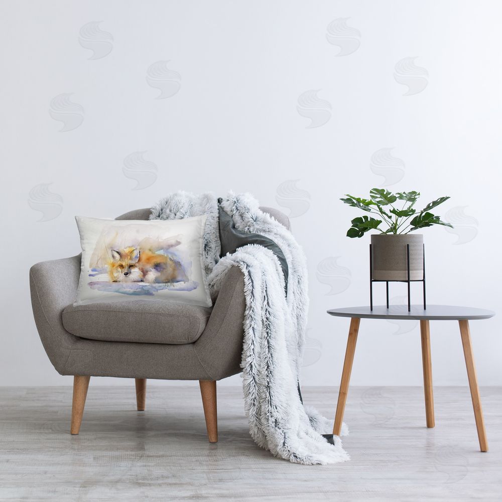 John Keeling Fox Sleeping in Snow Printed Plush Polyester Throw Pillow On Chair