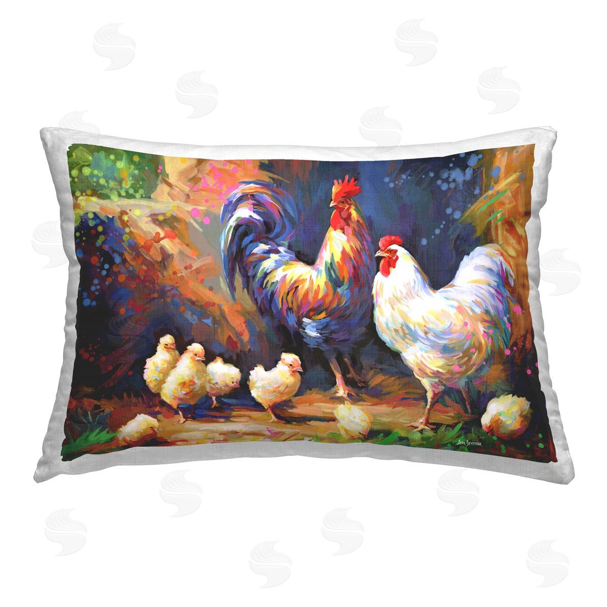 Leon Devenice Chicken Family Paint Splatter Printed Plush Polyester Throw Pillow