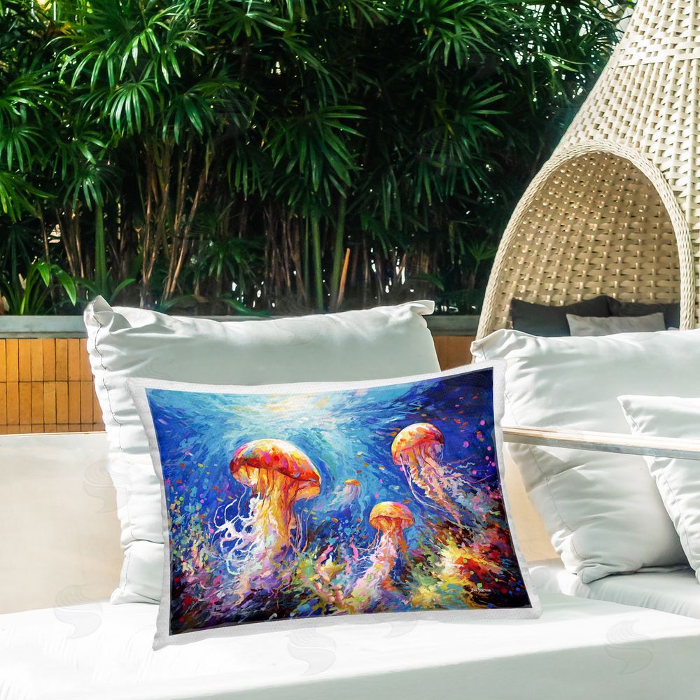 Leon Devenice Jellyfish Serenade Underwater Outdoor Quick-Dry Polyester Printed Throw Pillow in Back Yard