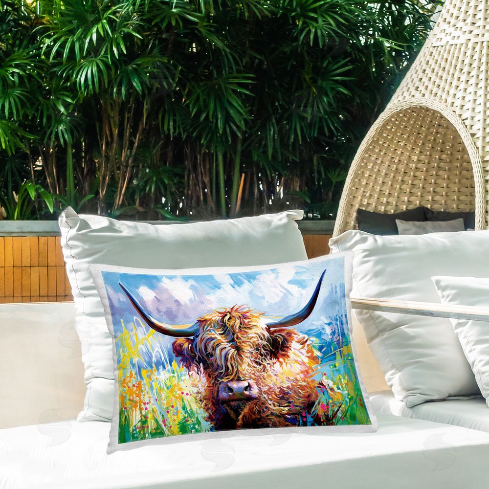 Leon Devenice Long Haired Highland Cattle Outdoor Quick-Dry Polyester Printed Throw Pillow in Back Yard