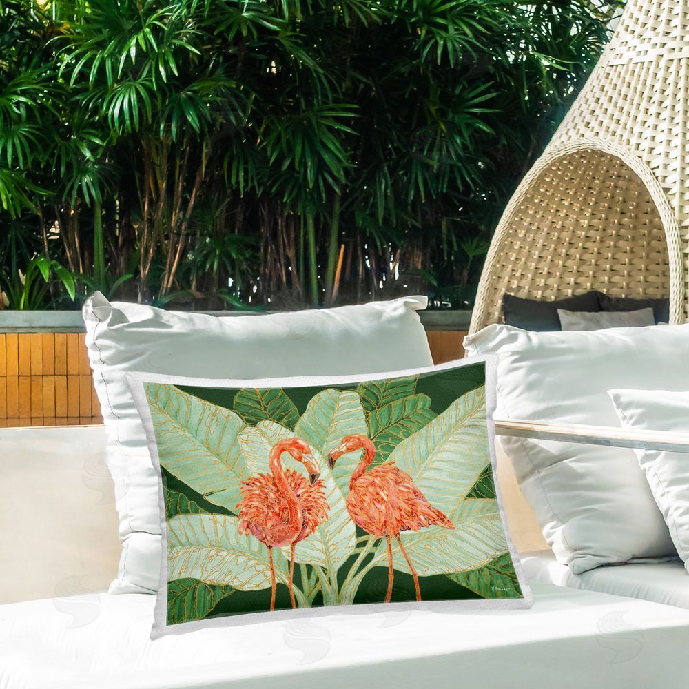 Paul Brent Martinique Flamingos & Leaves Outdoor Quick-Dry Polyester Printed Throw Pillow in Back Yard