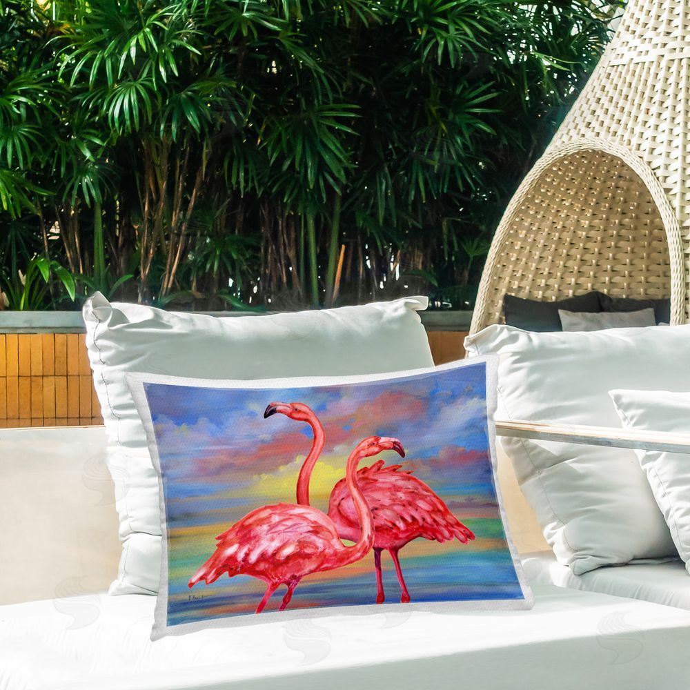 Paul Brent Rainbow Sunset Flamingos Outdoor Quick-Dry Polyester Printed Throw Pillow in Back Yard