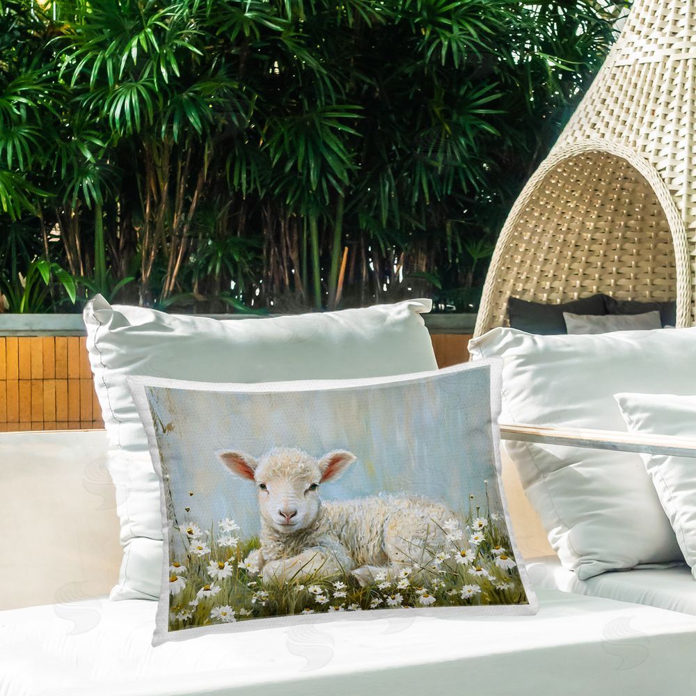 Petal Prints Design Lamb Resting in Meadow Outdoor Quick-Dry Polyester Printed Throw Pillow in Back Yard