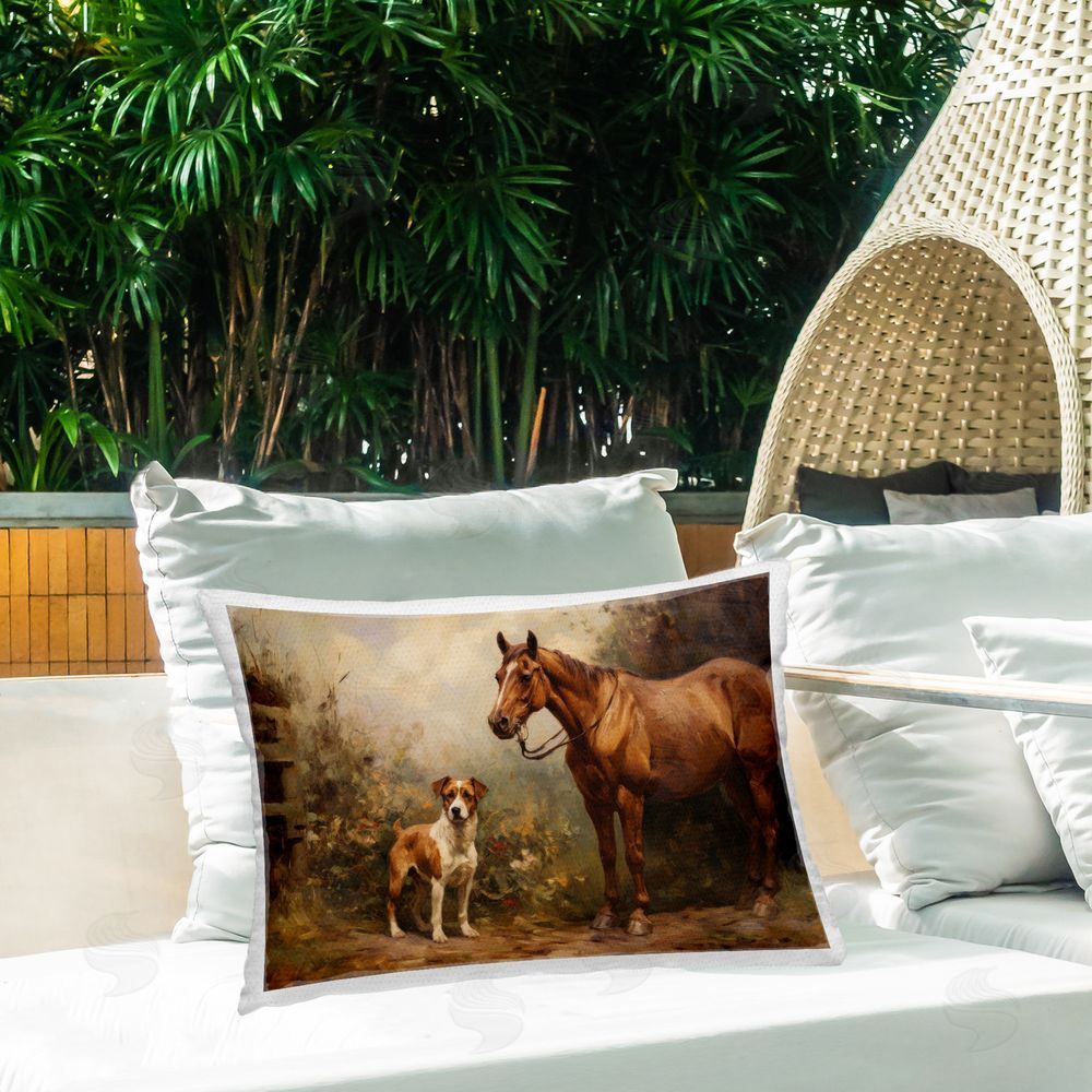 Petal Prints Design Horse & Dog in Nature Outdoor Quick-Dry Polyester Printed Throw Pillow in Back Yard