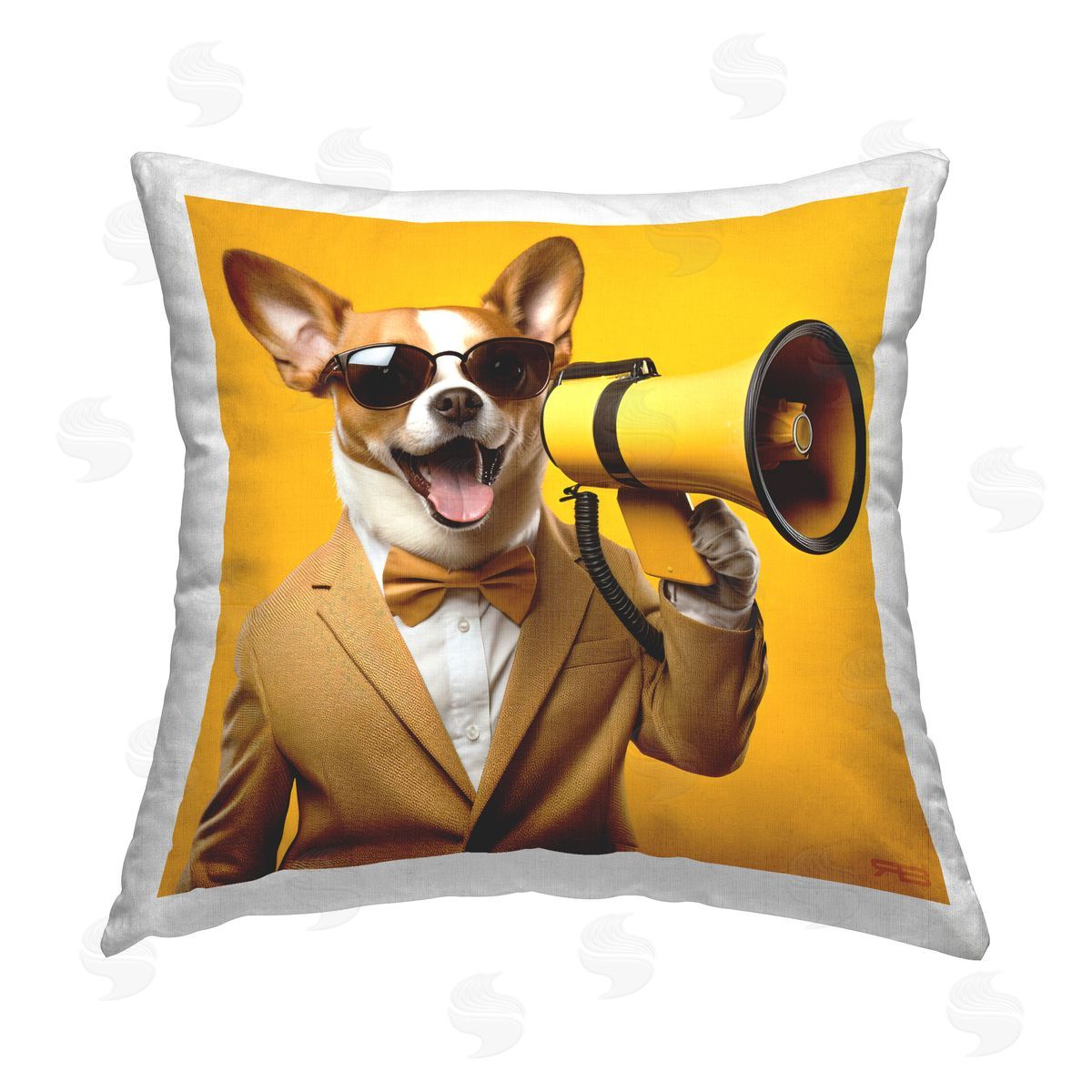 Roozbeh Bahramali Dog with Yellow Megaphone Printed Plush Polyester Throw Pillow