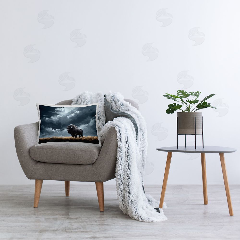 Roozbeh Bahramali Bison Silhouette with Clouds Printed Plush Polyester Throw Pillow On Chair