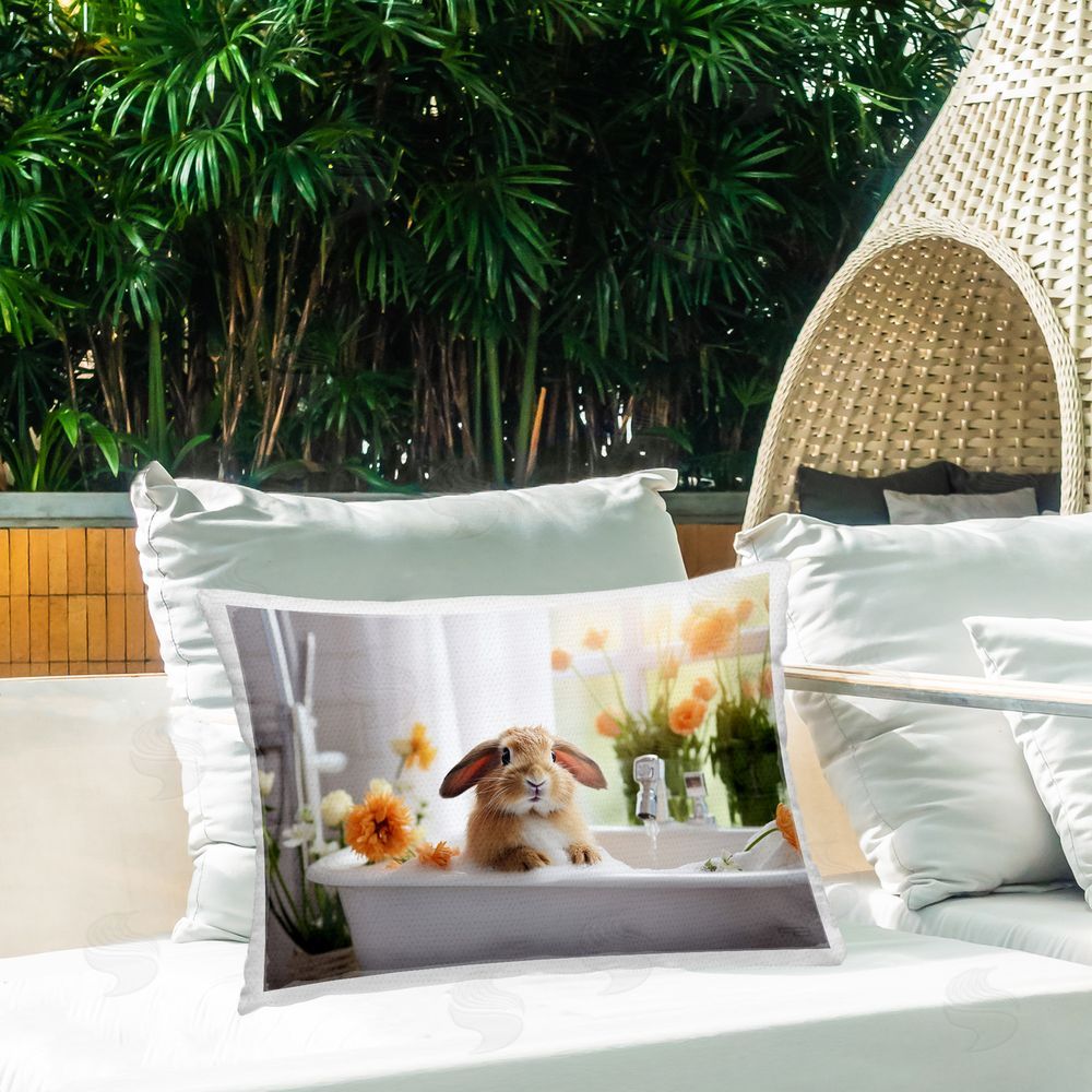 Roozbeh Bahramali Bathing Baby Bunny Outdoor Quick-Dry Polyester Printed Throw Pillow in Back Yard
