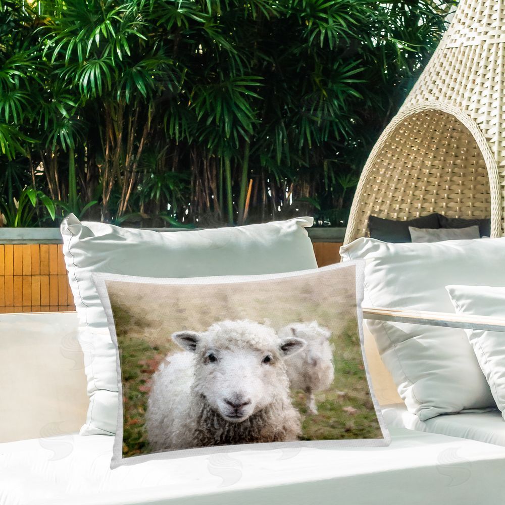 SunDance Group LLC Close Up Sheep Gaze Outdoor Quick-Dry Polyester Printed Throw Pillow in Back Yard