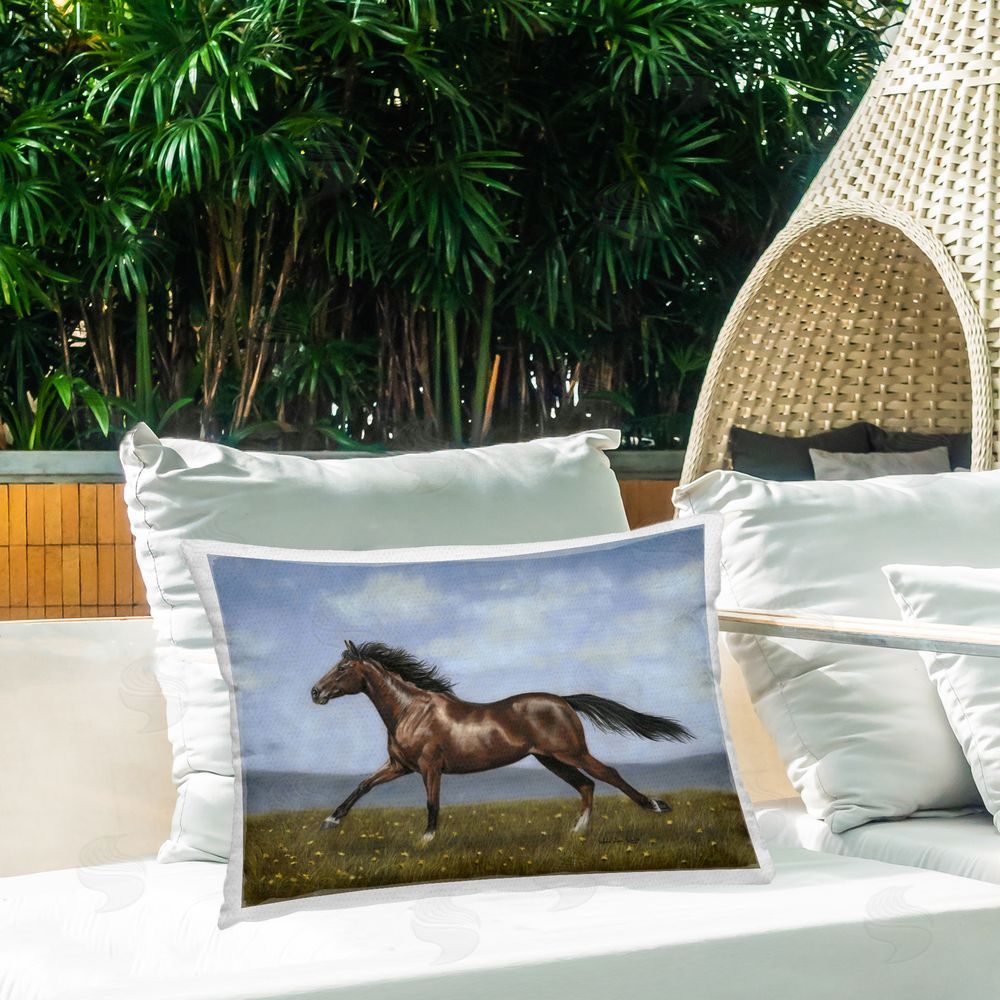 Victoria Schultz Brown Running Mare Outdoor Quick-Dry Polyester Printed Throw Pillow in Back Yard