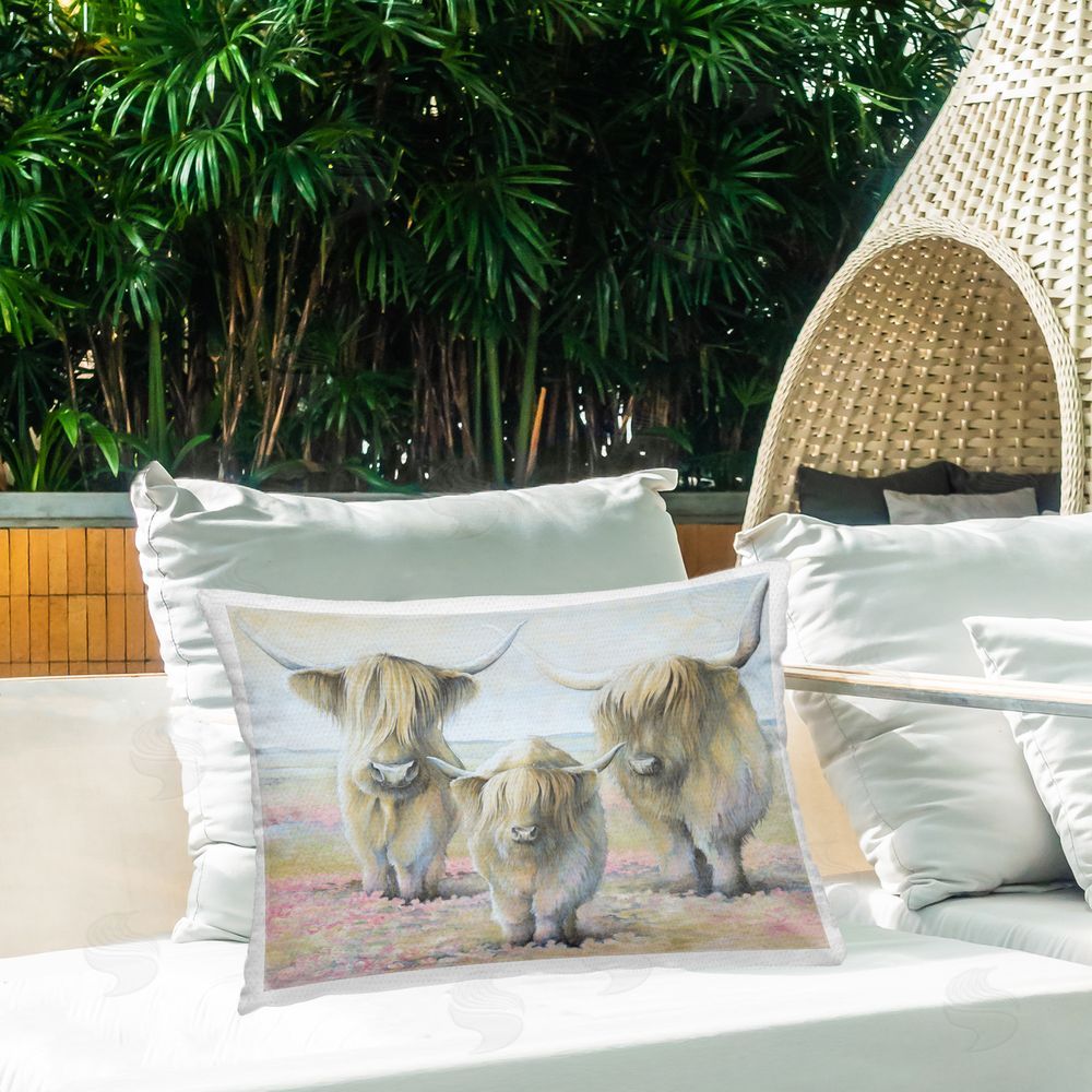 White Ladder Gentle Cattle Trio Outdoor Quick-Dry Polyester Printed Throw Pillow in Back Yard