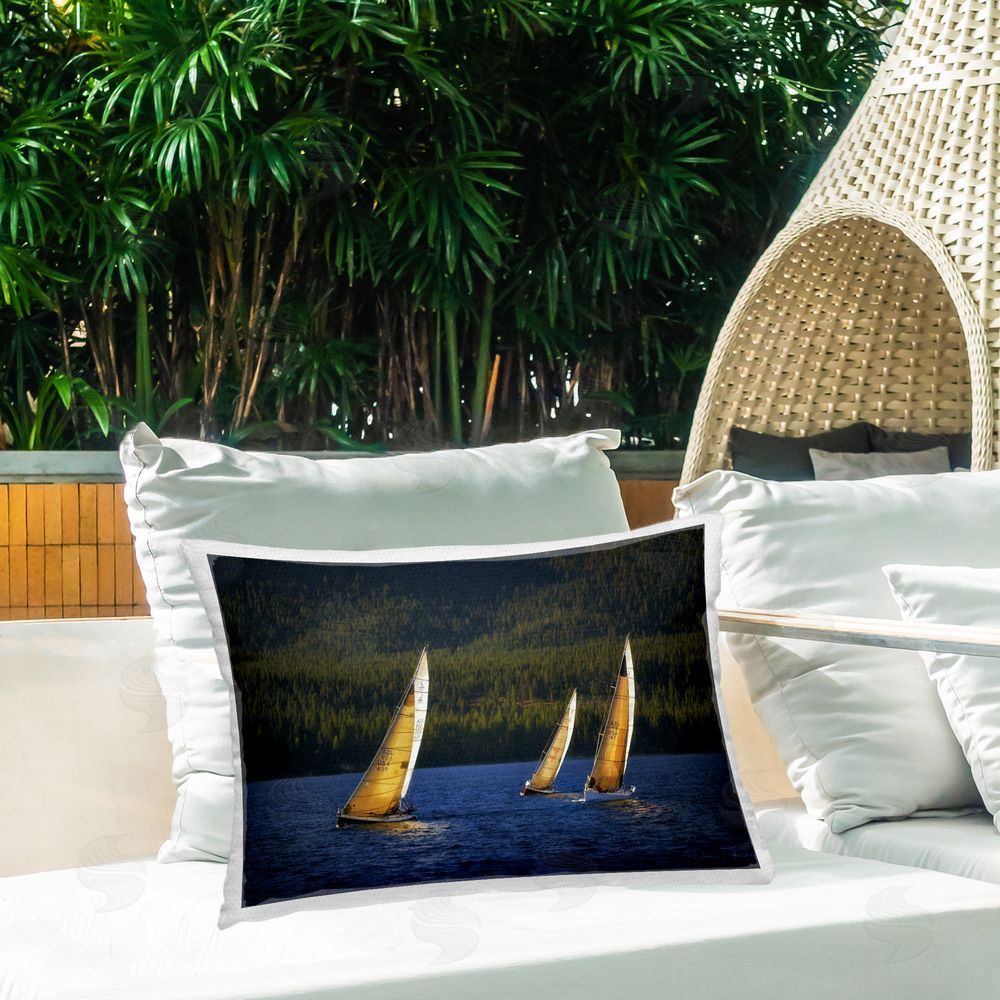 Dennis Frates Floating Sailboat Trio Outdoor Quick-Dry Polyester Printed Throw Pillow in Back Yard