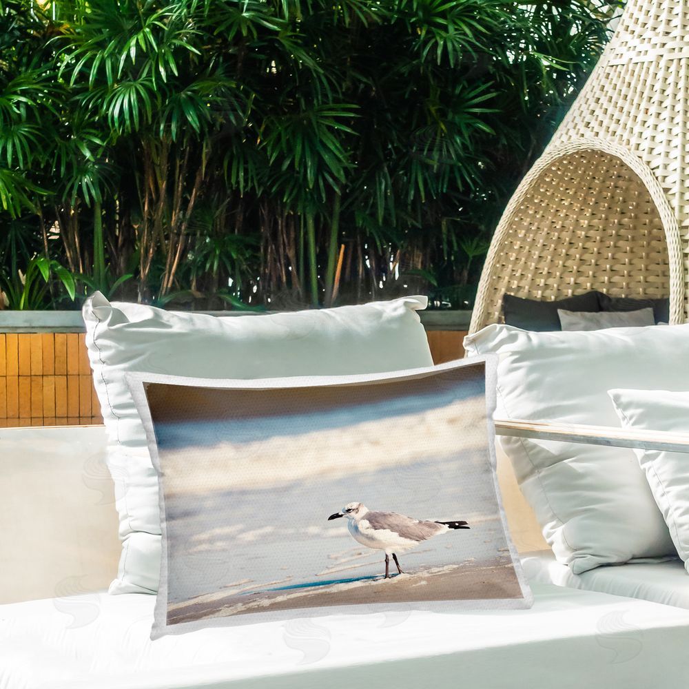 Susan Bryant Seagull Stepping on Shore Outdoor Quick-Dry Polyester Printed Throw Pillow in Back Yard