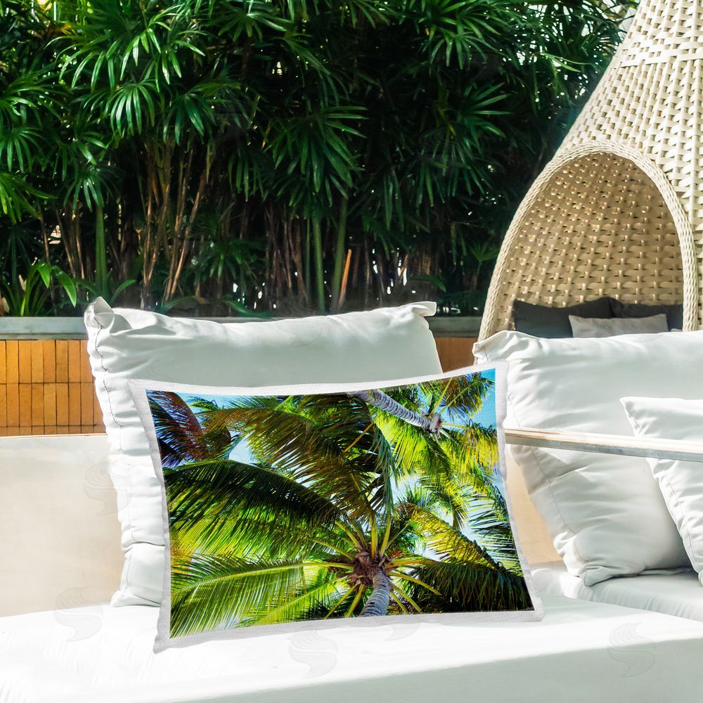 Emily Navas Swaying Palm Leaves Outdoor Quick-Dry Polyester Printed Throw Pillow in Back Yard
