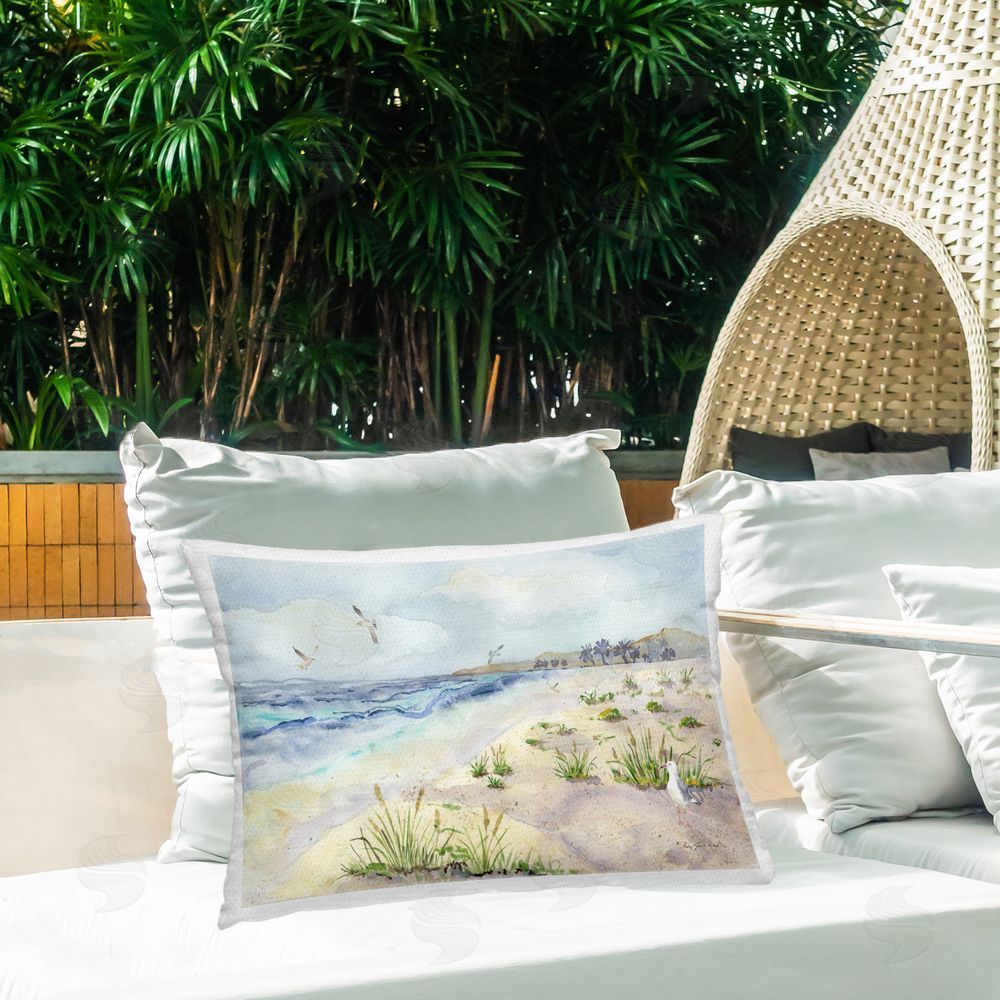 Audrey Jeanne Roberts Seagulls Over Beach Outdoor Quick-Dry Polyester Printed Throw Pillow in Back Yard