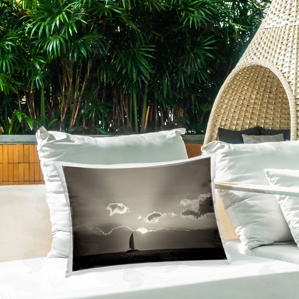 Dennis Frates Sun Peeking Over Boat Outdoor Quick-Dry Polyester Printed Throw Pillow in Back Yard