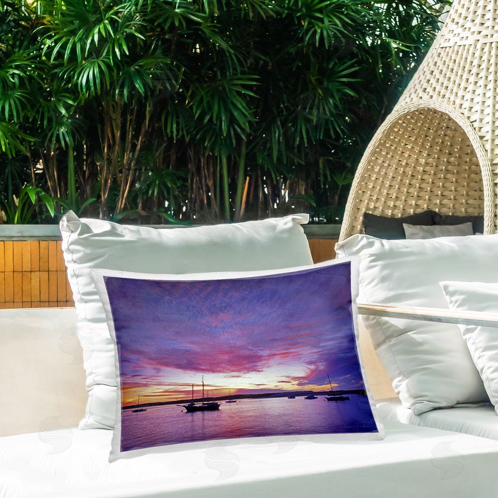 Dennis Frates Distant Boats at Sunset Outdoor Quick-Dry Polyester Printed Throw Pillow in Back Yard