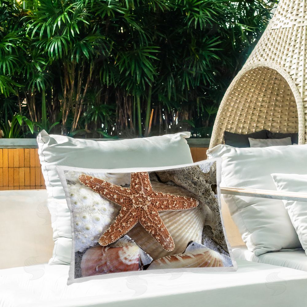 Graffitee Studios Starfish & Shell Stack Outdoor Quick-Dry Polyester Printed Throw Pillow in Back Yard