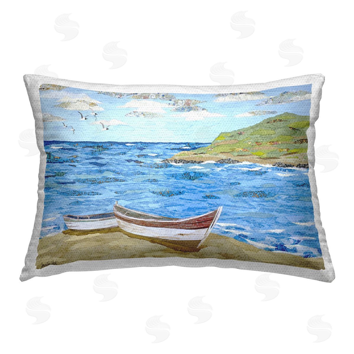 Jennifer Peck Mykonos Docked Boat Outdoor Quick-Dry Polyester Printed Throw Pillow