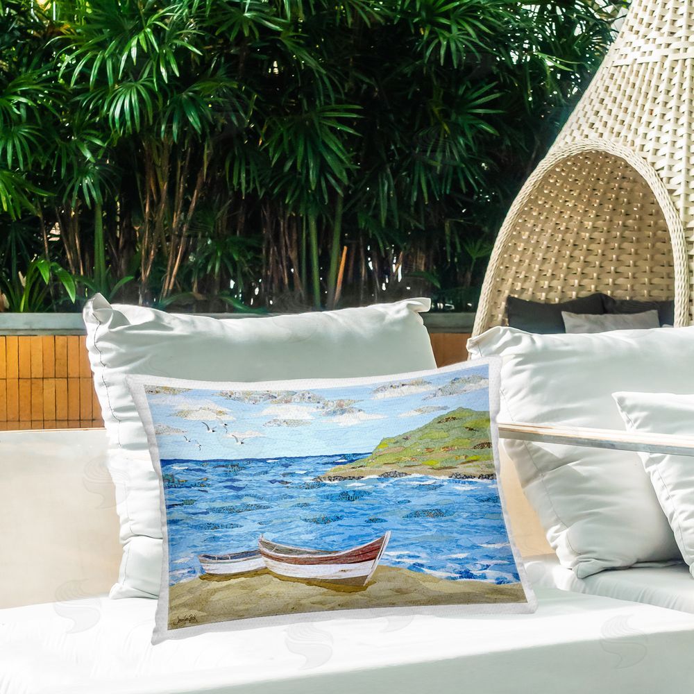Jennifer Peck Mykonos Docked Boat Outdoor Quick-Dry Polyester Printed Throw Pillow in Back Yard
