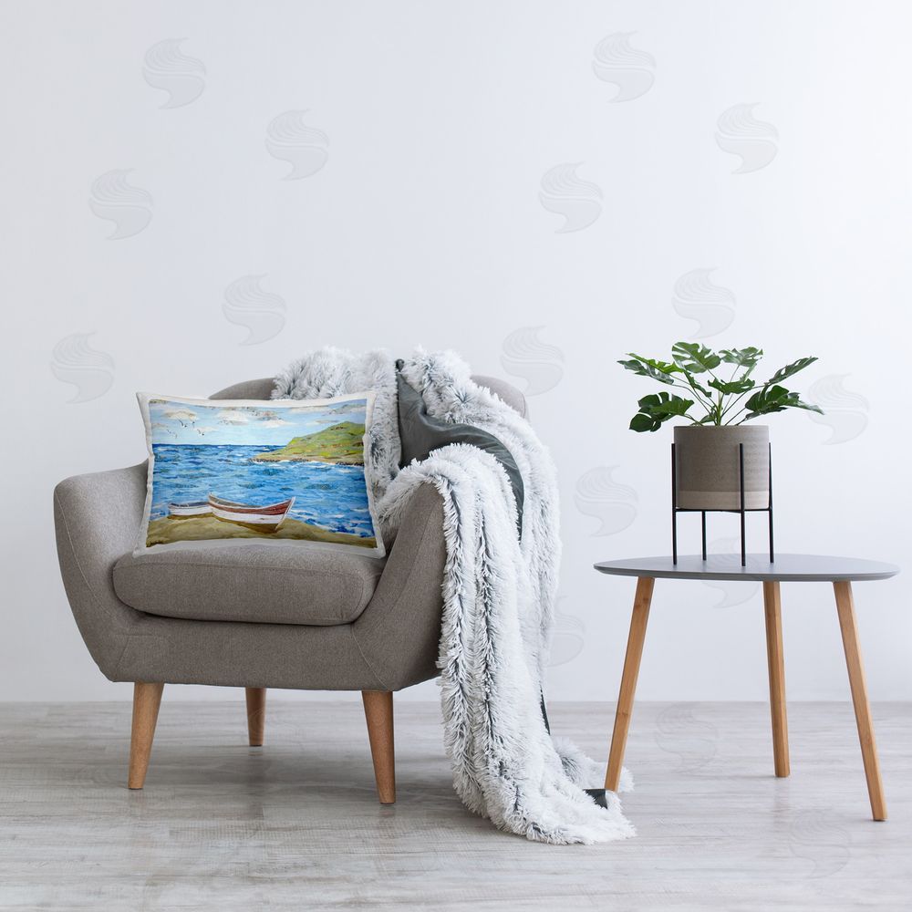 Jennifer Peck Mykonos Docked Boat Printed Plush Polyester Throw Pillow On Chair
