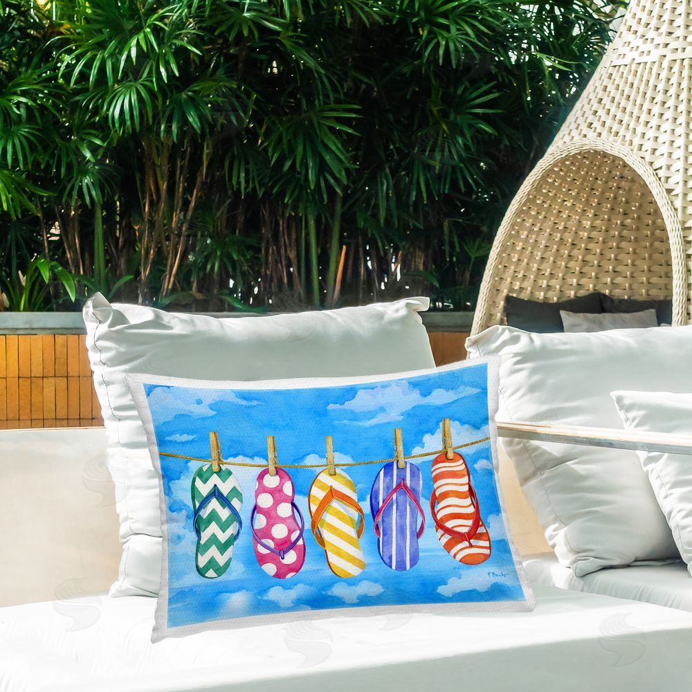 Paul Brent Flip Flops on Clothesline Outdoor Quick-Dry Polyester Printed Throw Pillow in Back Yard