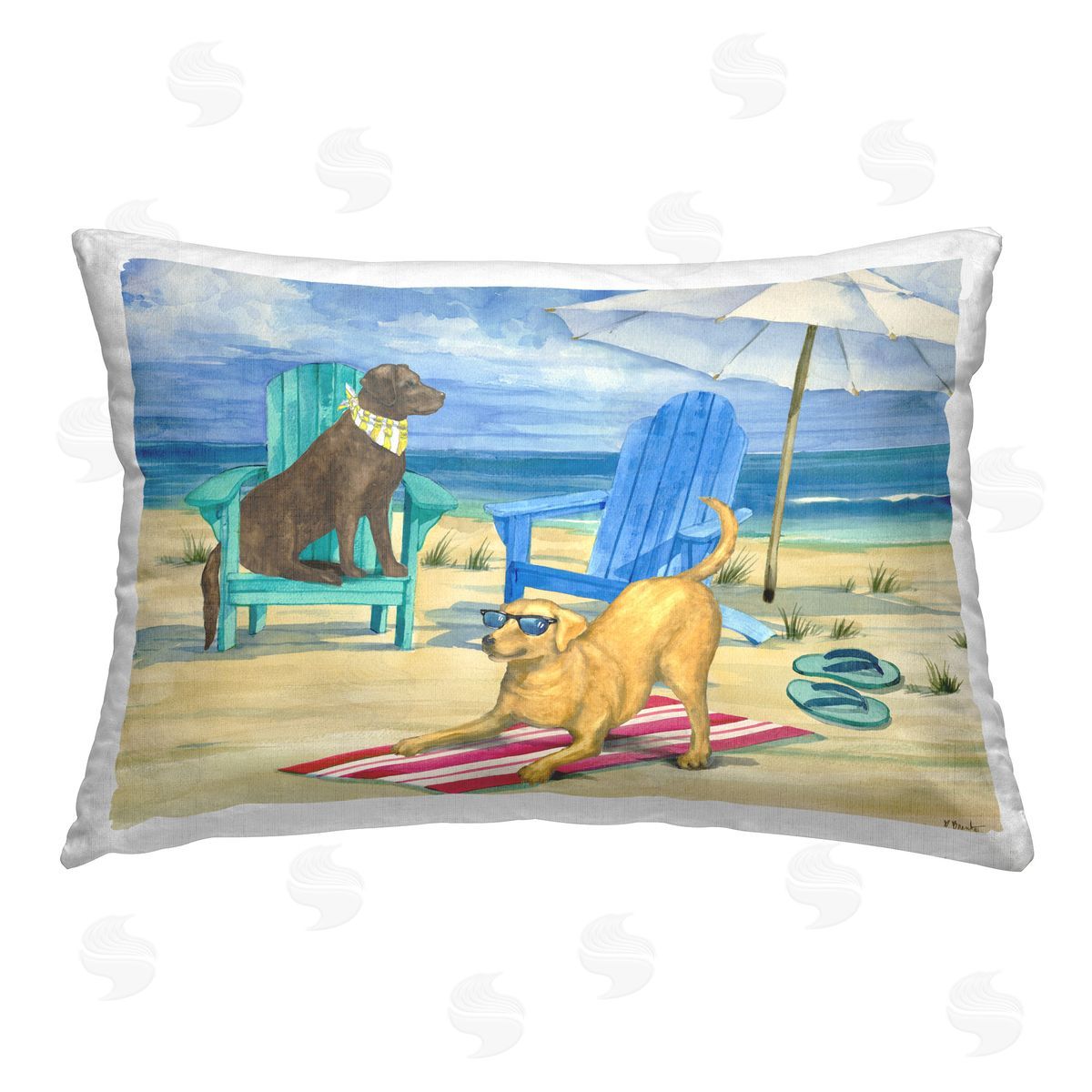 Paul Brent Dogs on Beach Towel Printed Plush Polyester Throw Pillow