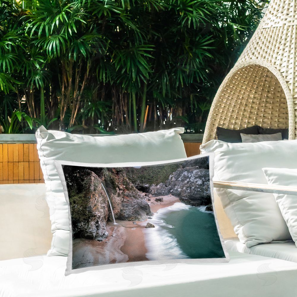 Dennis Frates Tropical Waterfall Cliffs Outdoor Quick-Dry Polyester Printed Throw Pillow in Back Yard