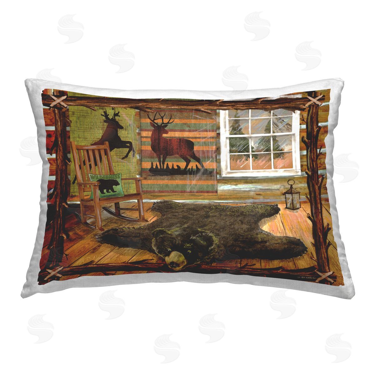 Ed Wargo Rustic Cabin with Border Printed Plush Polyester Throw Pillow
