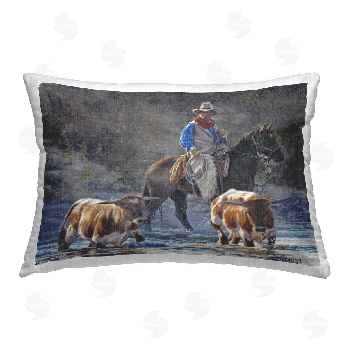 David Graham Cowboy Crossing River Printed Plush Polyester Throw Pillow