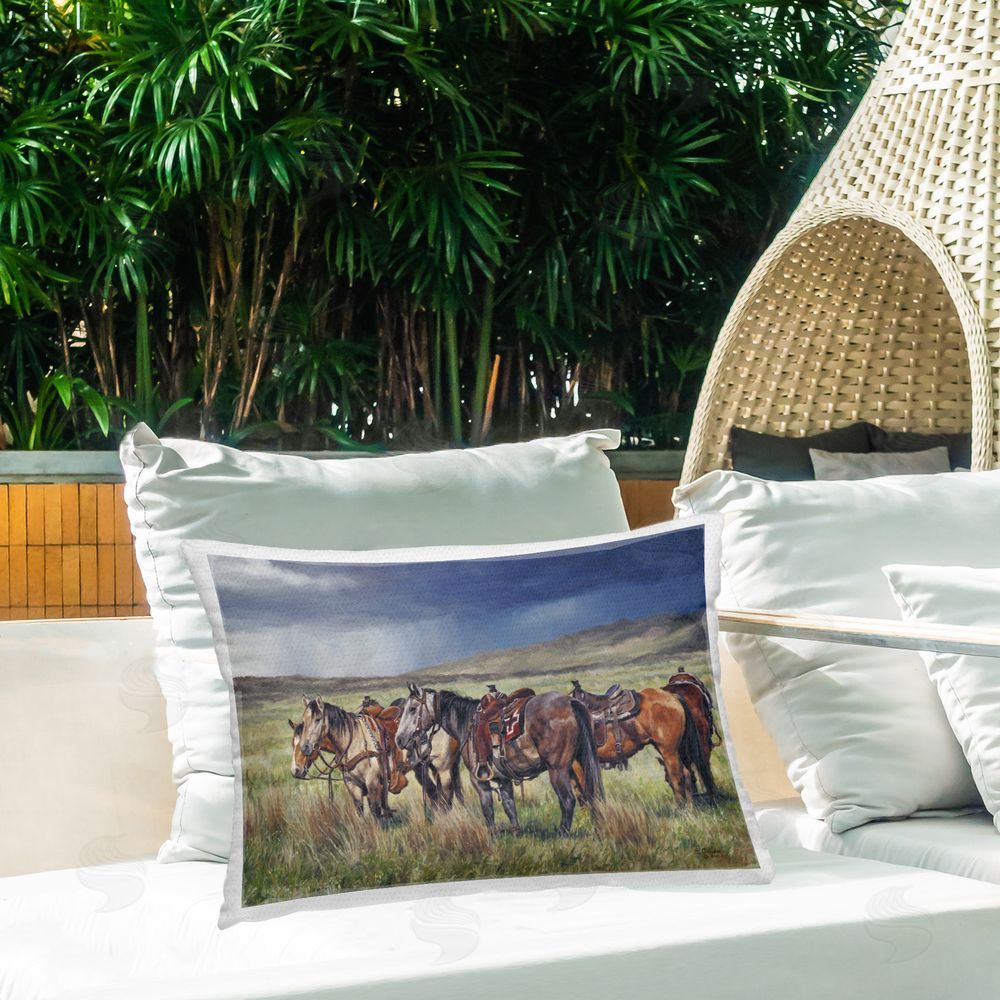David Graham Hurry & Wait Horses Outdoor Quick-Dry Polyester Printed Throw Pillow in Back Yard