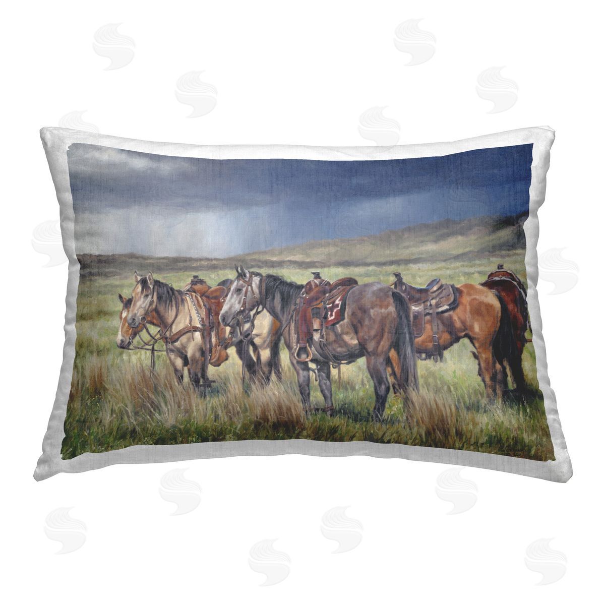 David Graham Hurry & Wait Horses Printed Plush Polyester Throw Pillow