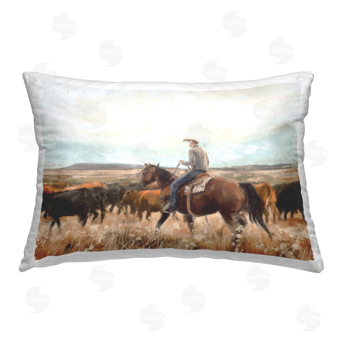 Nina Blue Cowboy Rounding Cattle Printed Plush Polyester Throw Pillow