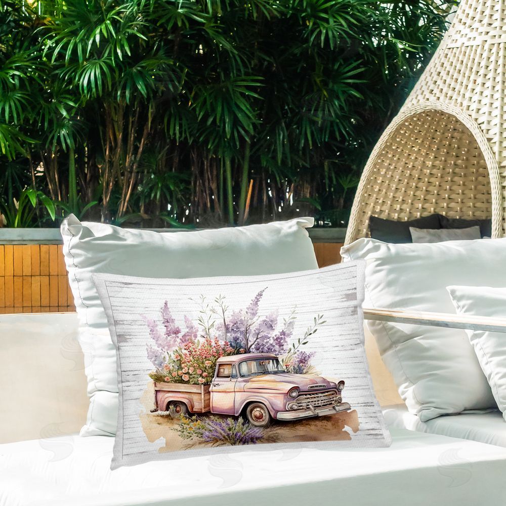 Lettered and Lined Lavender Filled Truck Outdoor Quick-Dry Polyester Printed Throw Pillow in Back Yard
