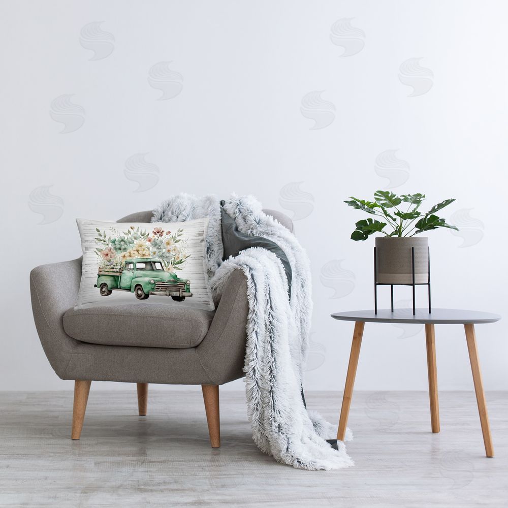 Lettered and Lined Floral Filled Truck Printed Plush Polyester Throw Pillow On Chair