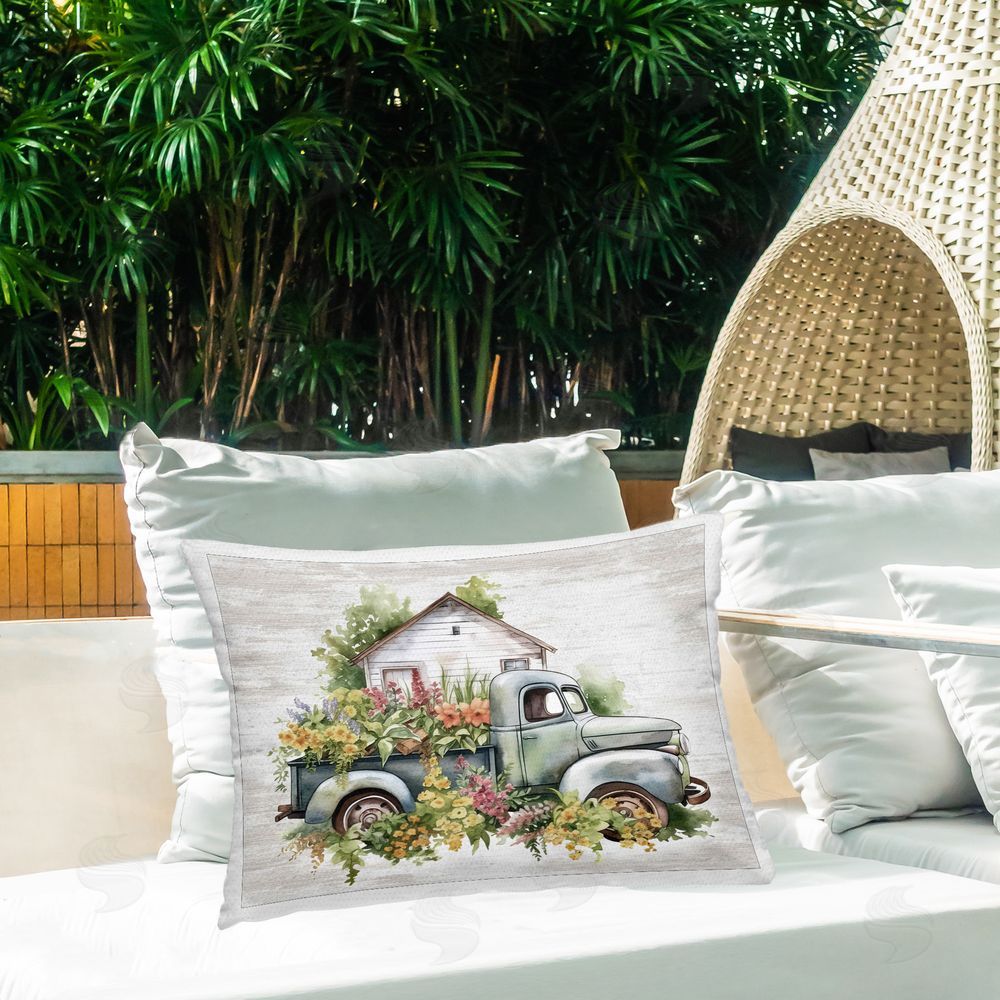 Lettered and Lined Country Floral Truck Outdoor Quick-Dry Polyester Printed Throw Pillow in Back Yard