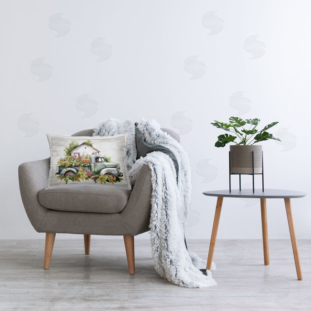 Lettered and Lined Country Floral Truck Printed Plush Polyester Throw Pillow On Chair