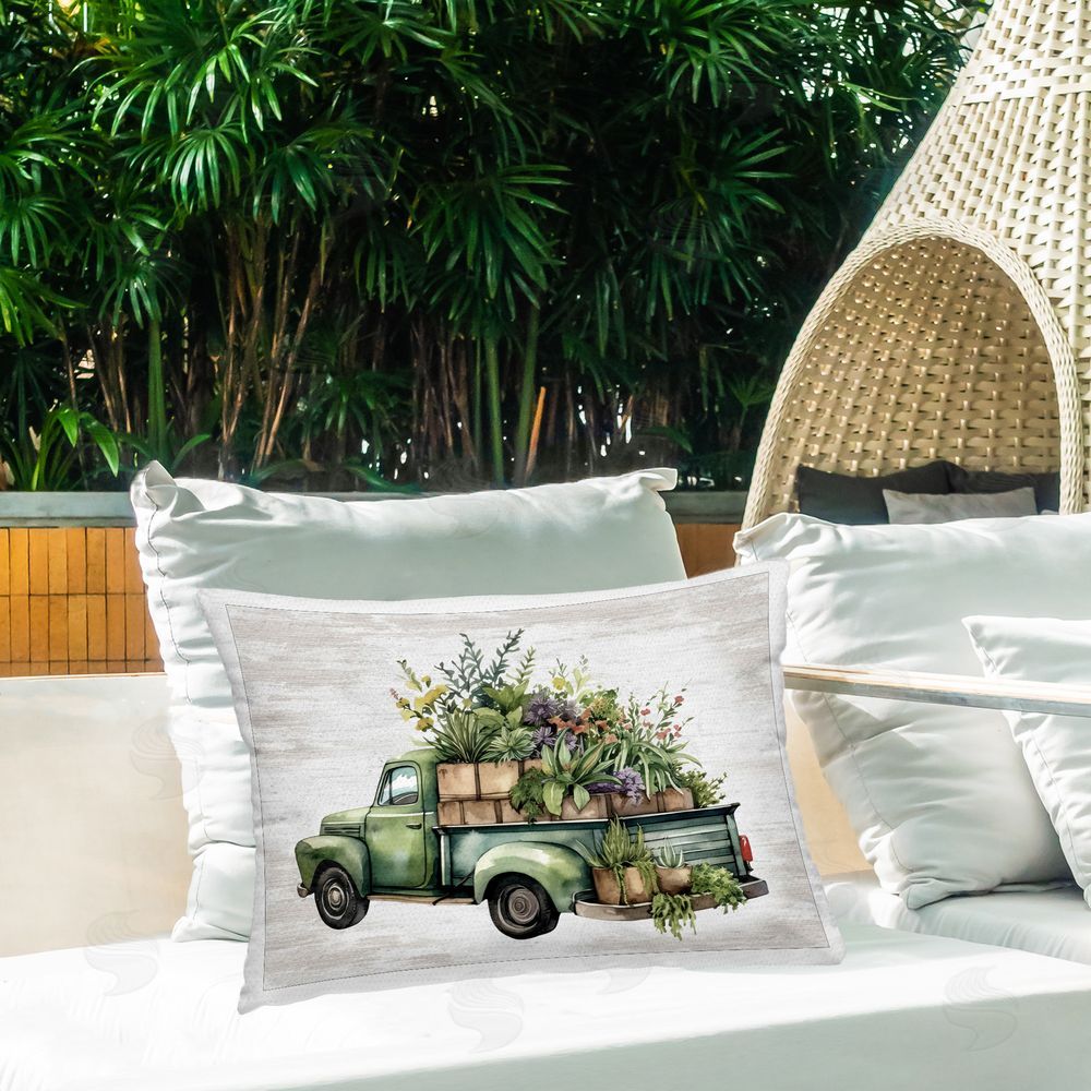 Lettered and Lined Greenery Filled Truck Outdoor Quick-Dry Polyester Printed Throw Pillow in Back Yard