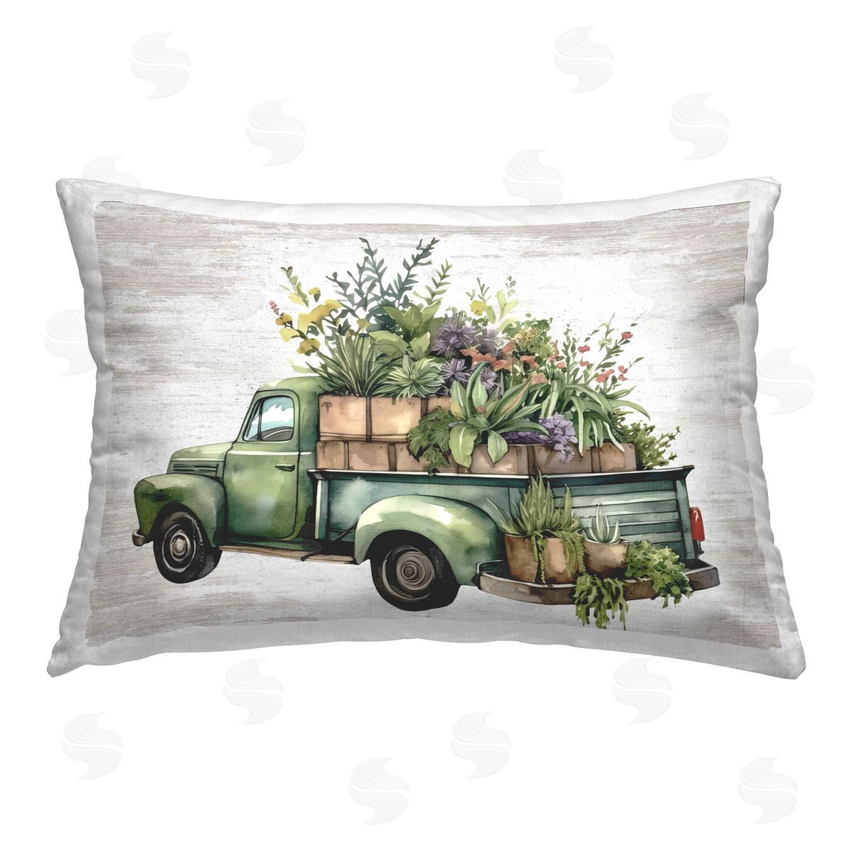 Lettered and Lined Greenery Filled Truck Printed Plush Polyester Throw Pillow