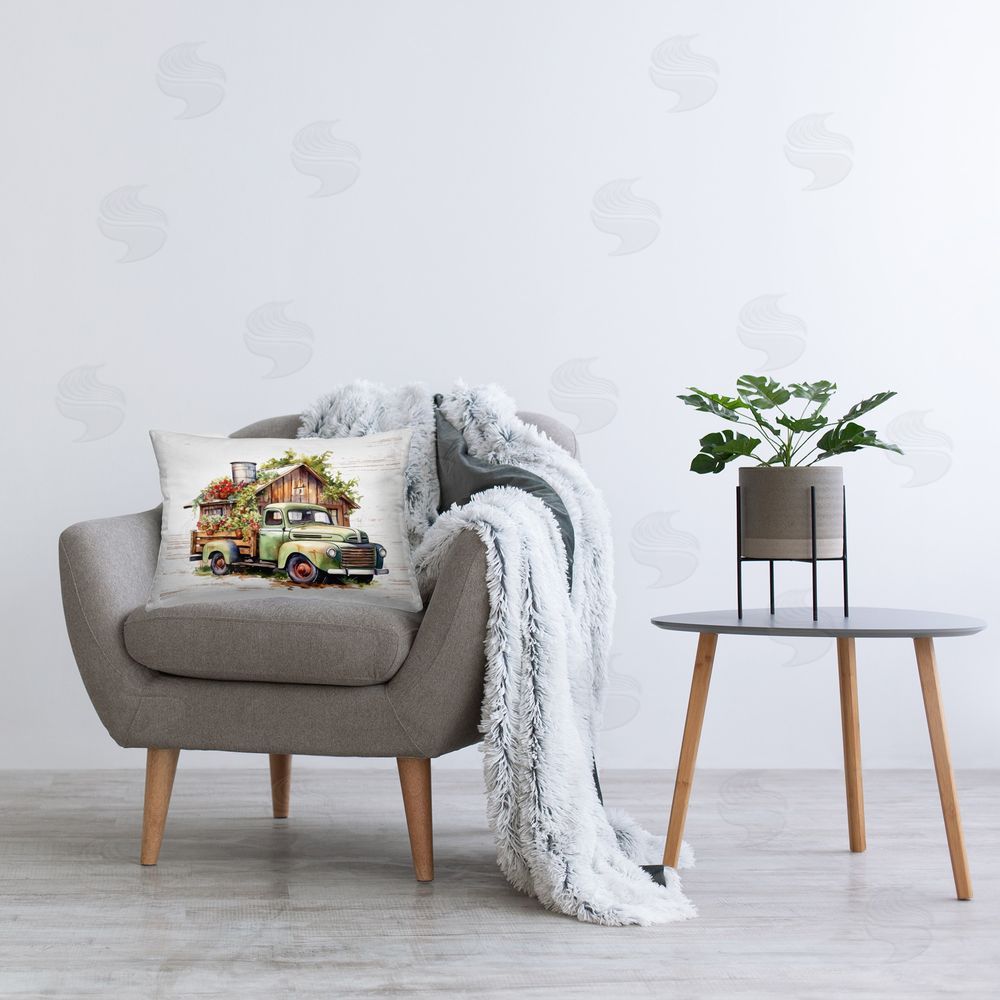 Lettered and Lined Rustic Pickup with Greenery Printed Plush Polyester Throw Pillow On Chair